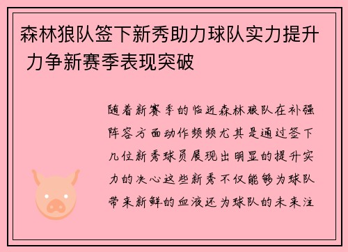 森林狼队签下新秀助力球队实力提升 力争新赛季表现突破