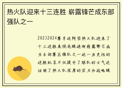 热火队迎来十三连胜 崭露锋芒成东部强队之一