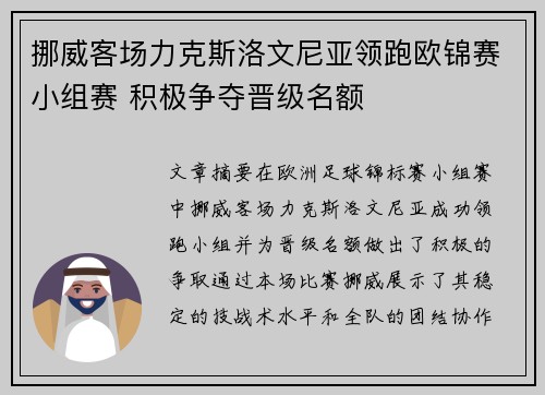 挪威客场力克斯洛文尼亚领跑欧锦赛小组赛 积极争夺晋级名额
